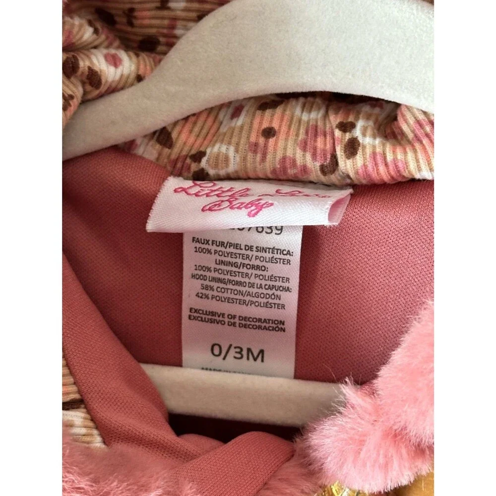 Little Lass Baby Girl Pink Plush Hooded Baby Vest Bear Pockets Size 0-3M Cute